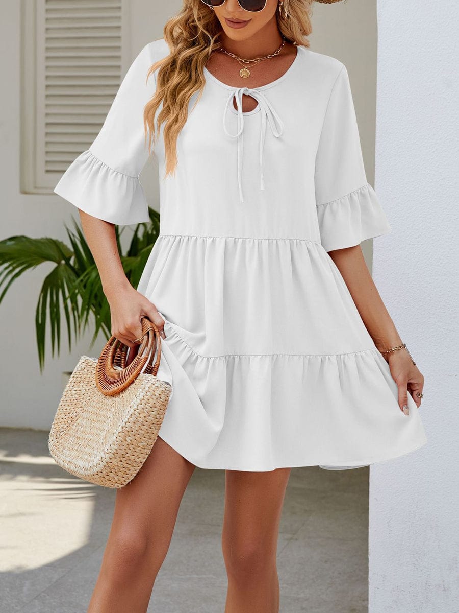 Stylish Pleated Ruffle Short Sleeve Mini Dress DRE2305290228WHIS White / 2 (S)
