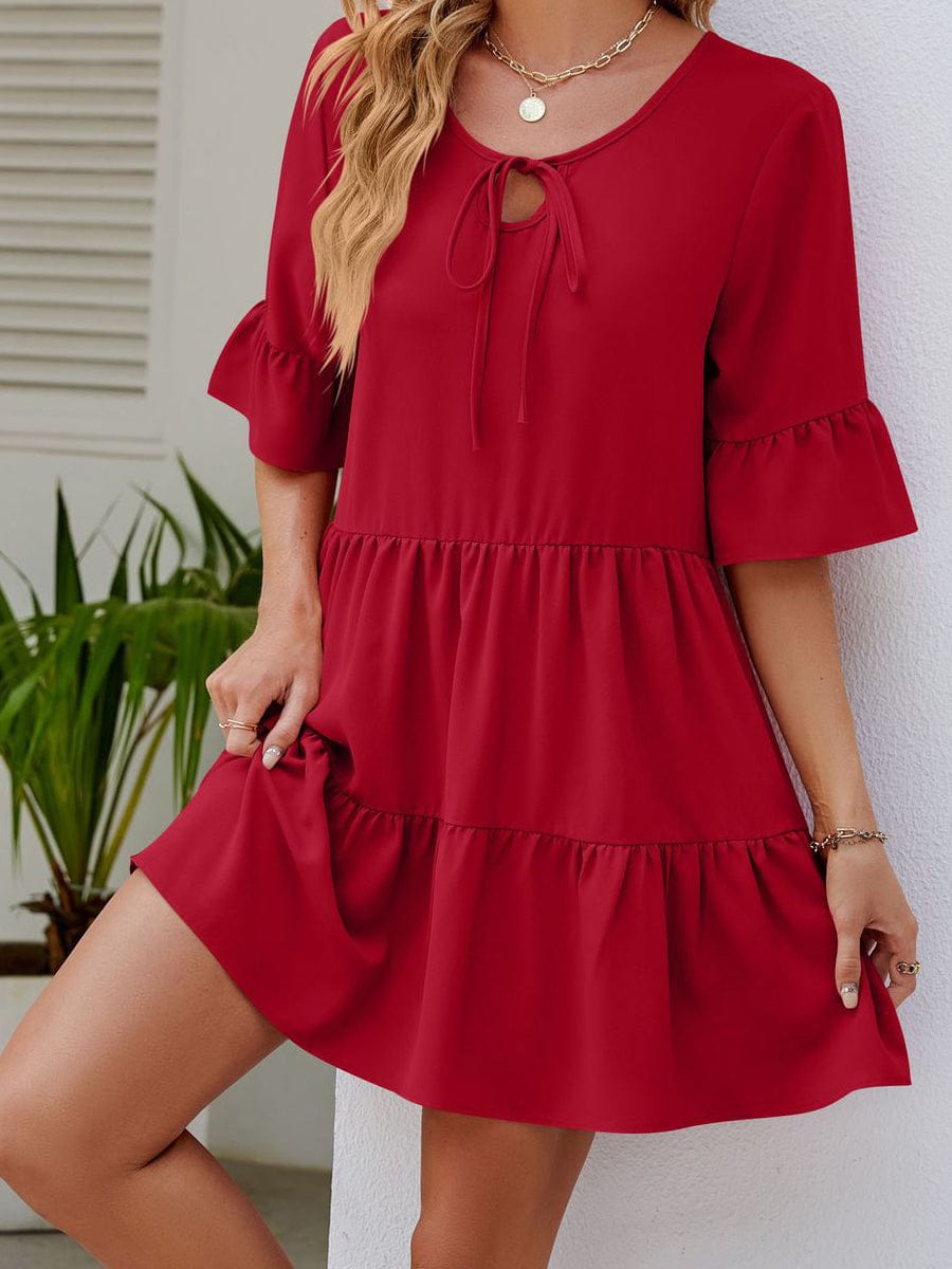 Stylish Pleated Ruffle Short Sleeve Mini Dress DRE2305290228REDS Red / 2 (S)