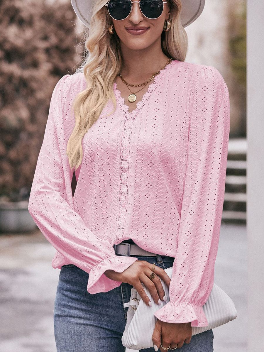 Stylish Stitching Lace V-Neck Long Sleeve T-Shirt TSH2307040196PINS Pink / 2 (S)