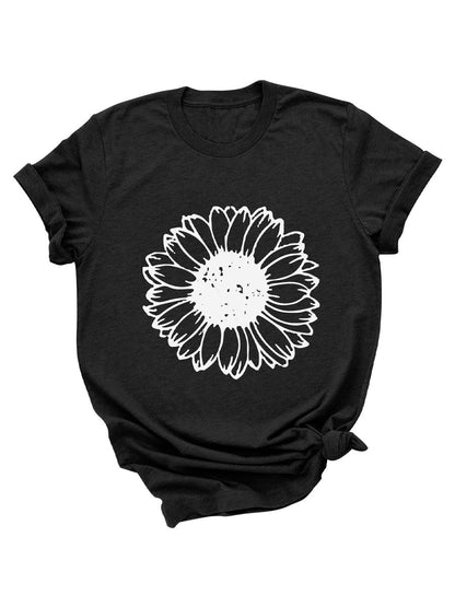 Sunflower Cute Flower Graphic LooseCrew Neck Short Sleeve Casual T-Shirt TSH2308010218BLAS Black / 2(S)