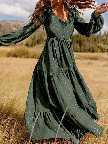 Temperament Chiffon V-Neck Long Sleeve Dress DRE2108212461GREM Green / 4/6 (M)