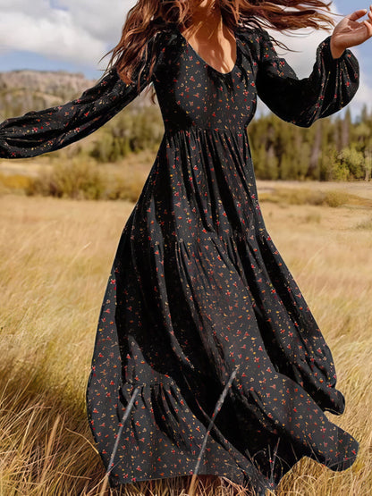 Temperament Chiffon V-Neck Long Sleeve Dress DRE2108212461BLAM Black / 4/6 (M)