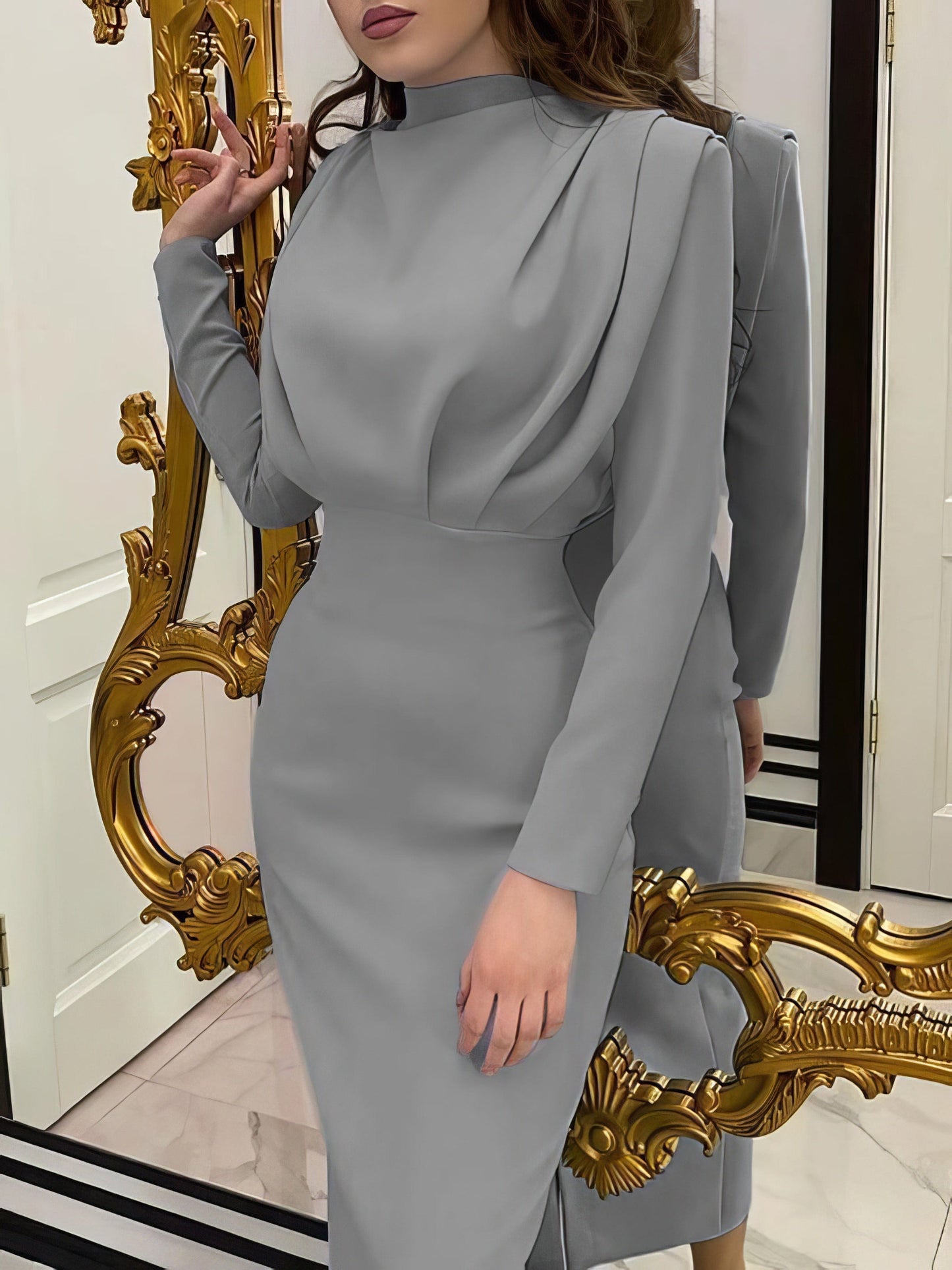 Temperament Solid High Collar Pleated Long Sleeve Dress DRE2110132734GRES Gray / 2 (S)