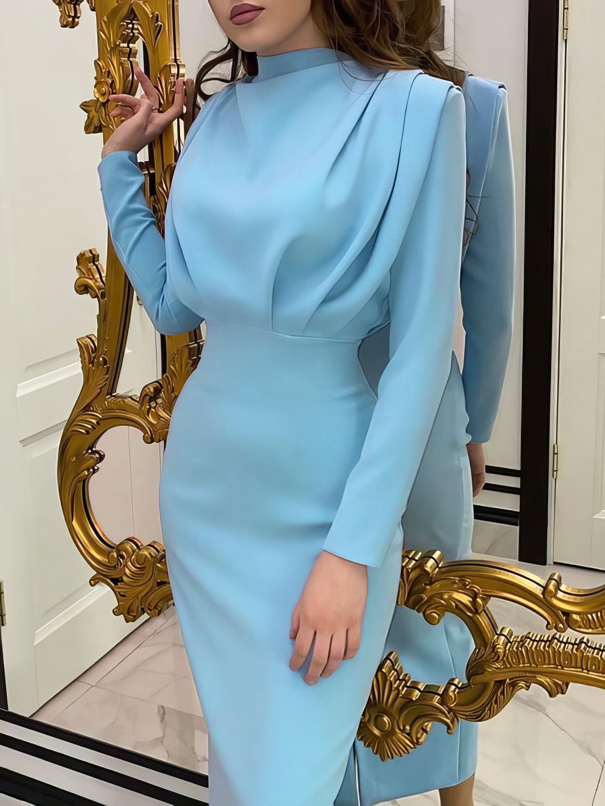 Temperament Solid High Collar Pleated Long Sleeve Dress DRE2110132734LBLUS LightBlue / 2 (S)