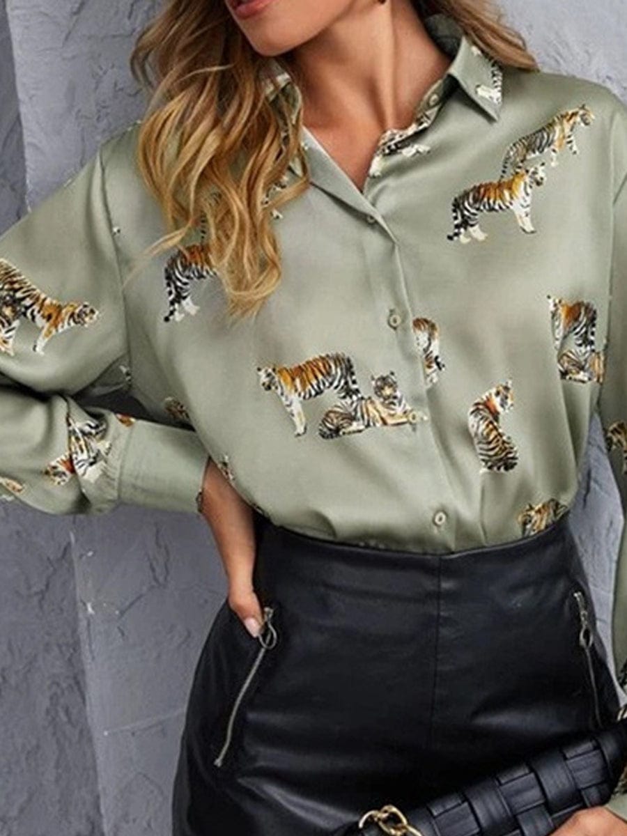 Tempting Printed Lapel Single-Breasted Long-Sleeved Blouse BLO2306010078GRES Green / 2 (S)