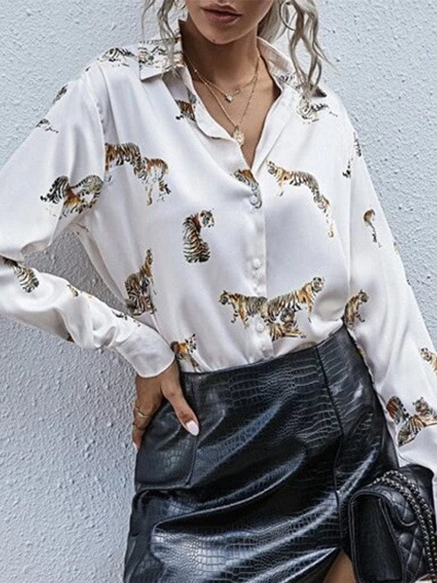 Tempting Printed Lapel Single-Breasted Long-Sleeved Blouse BLO2306010078WHIS White / 2 (S)