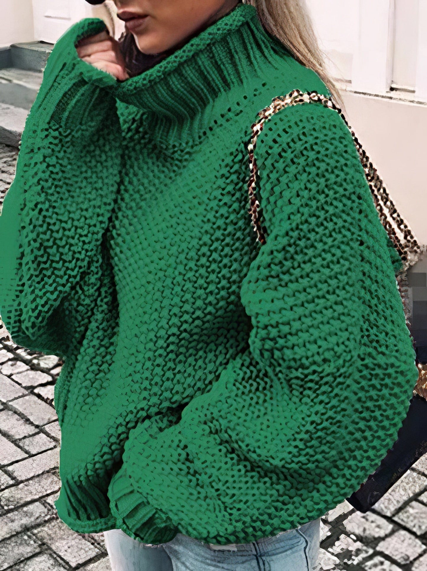 Thick Thread High Neck Bat Sleeve Knit Sweater SWE2108301144GRES Green / 2 (S)