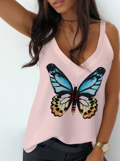 Tops Butterfly Print V-Neck Camisole TAN2205191479PINS Pink / 2 (S)