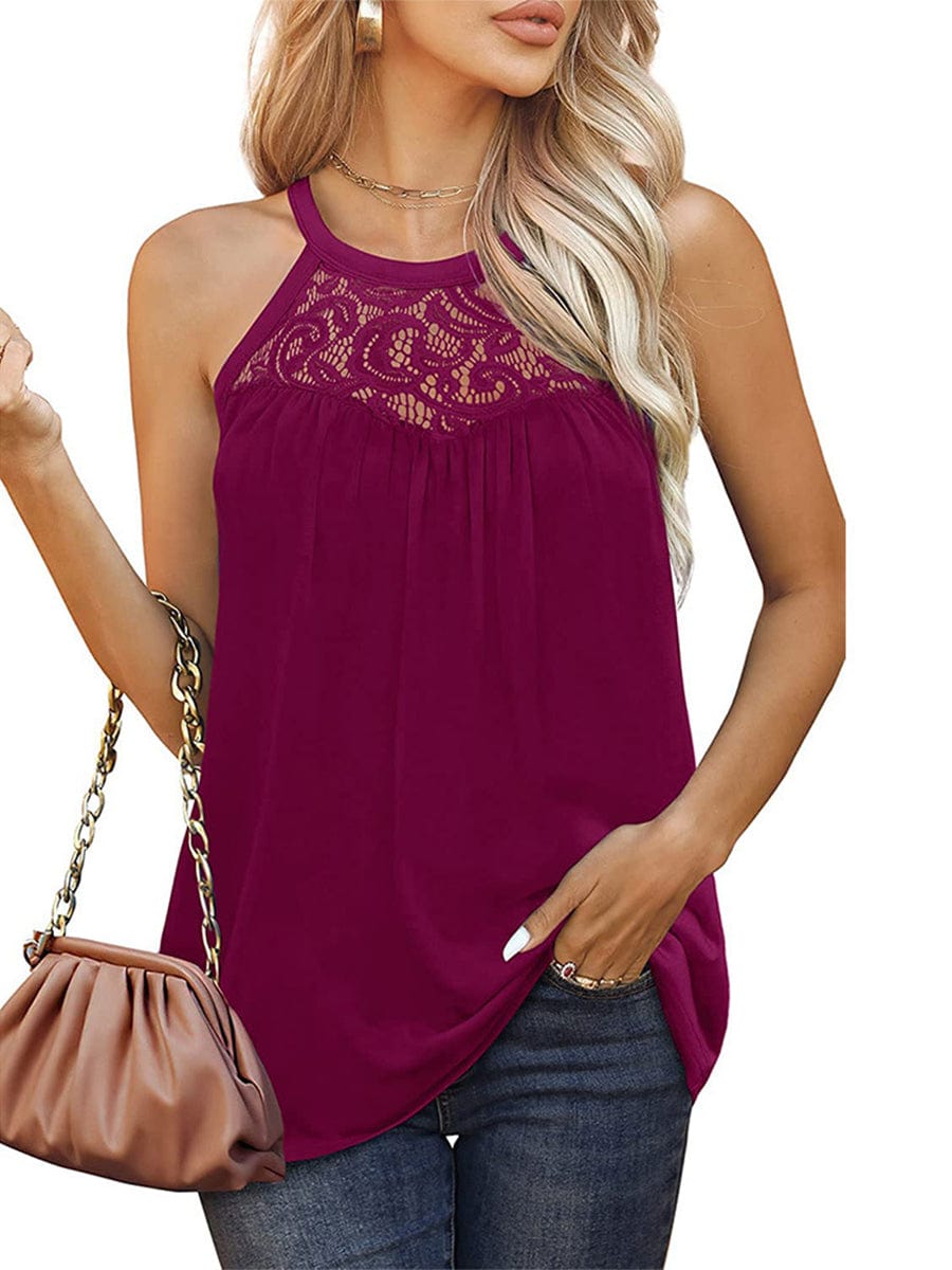 Tops Sexy Lace Pleated Sleeveless Tank Top TAN2303060007DRES DarkRed / 2 (S)