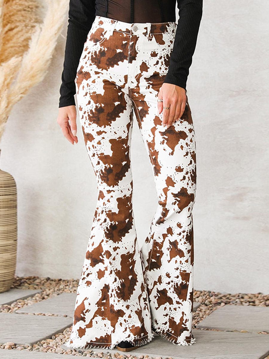 Trendy Fashion Print High Waist Flared Slim Versatile Pants TRO2305190021SBRS SaddleBrown / 2 (S)