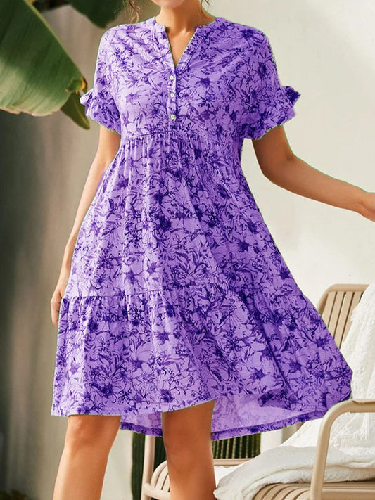 V Neck Button Print Loose Casual Mini Dress DRE2303140048PURS Purple / 2 (S)