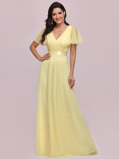 V-Neck Floor-Length Short Sleeve Tulle Bridesmaid Dresses DRE230912B3137YEL4 Yellow / 4