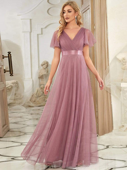 V-Neck Floor-Length Short Sleeve Tulle Bridesmaid Dresses DRE230912B3125POH4 RosyBrown / 4