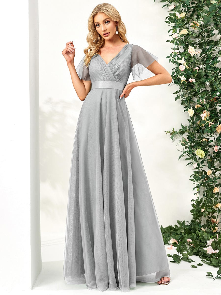 V-Neck Floor-Length Short Sleeve Tulle Bridesmaid Dresses DRE230912B3101GRE4 Gray / 4
