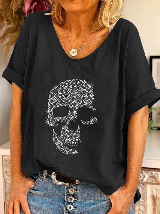 V-neck Skull Print Loose Short Sleeve T-shirt TSH210531655BLAS Black / 2 (S)