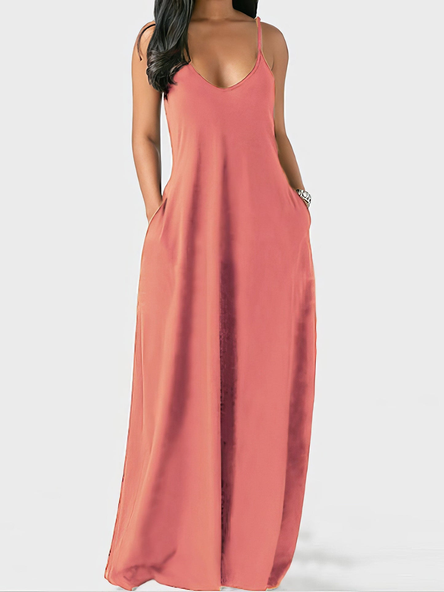 V-neck Solid Pocket Casual Sling Dress DRE2107121853ORAS Pink / 2 (S)