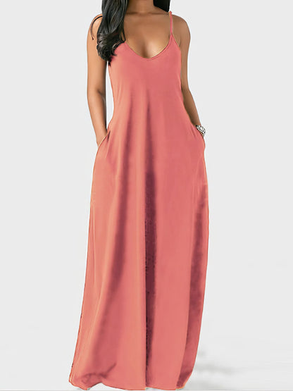 V-neck Solid Pocket Casual Sling Dress DRE2107121853ORAS Pink / 2 (S)