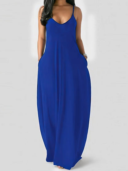 V-neck Solid Pocket Casual Sling Dress DRE2107121853BLUS Blue / 2 (S)
