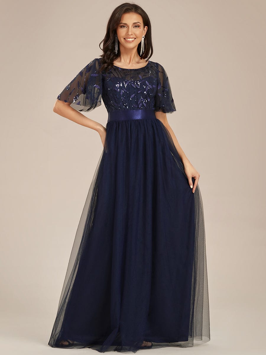 Women's A-Line Sequin Leaf Maxi Prom Dress with Sleeves DRE230912B3253NBY4 Navy / 4