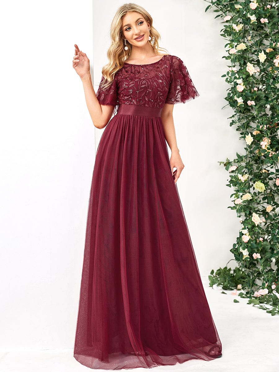 Women's A-Line Sequin Leaf Maxi Prom Dress with Sleeves DRE230912B3241BDG4 DarkRed / 4