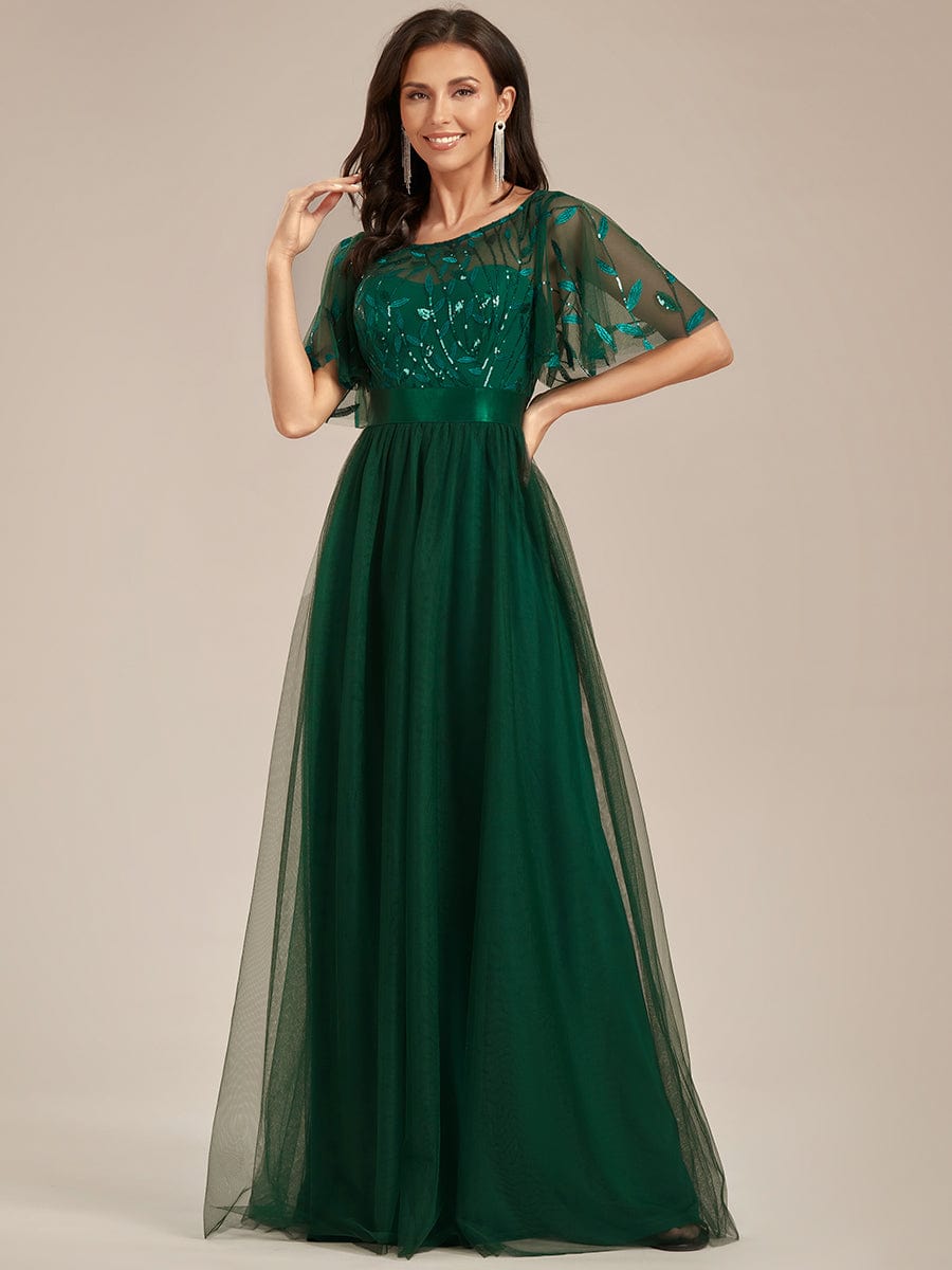 Women's A-Line Sequin Leaf Maxi Prom Dress with Sleeves DRE230912B3215DGV4 DarkGreen / 4