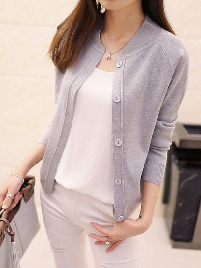 Women's Cardigan Knitted Button Pure Color Stylish Basic Casual Long Sleeve Regular Fit Sweater Cardigans Open Front MS2311525257S Light Grey / S