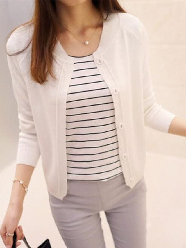 Women's Cardigan Knitted Button Pure Color Stylish Basic Casual Long Sleeve Regular Fit Sweater Cardigans Open Front MS2311525262S Creamy-white / S