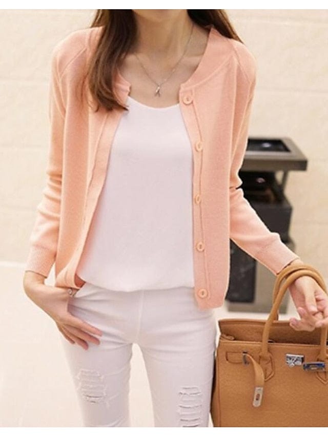 Women's Cardigan Knitted Button Pure Color Stylish Basic Casual Long Sleeve Regular Fit Sweater Cardigans Open Front MS2311525272S Pink / S