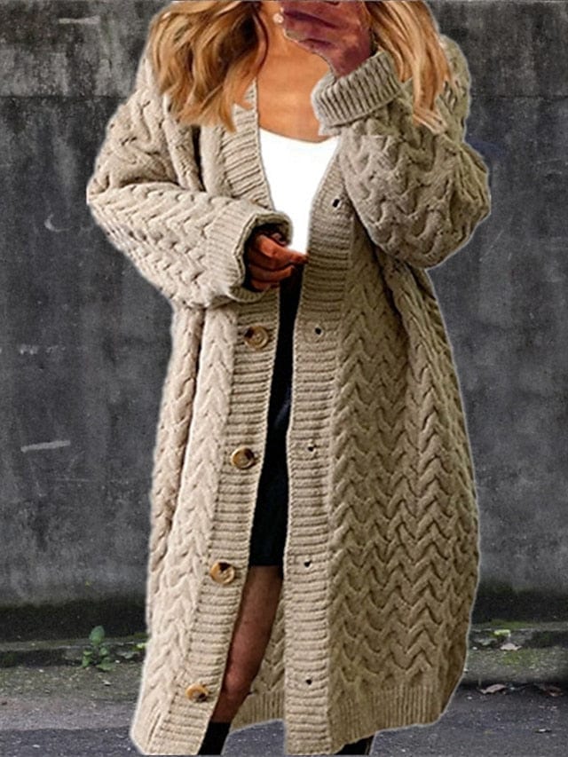 Women's Cardigan Sweater Jumper Cable Chunky Knit Button Solid Color V Neck Stylish Casual Outdoor Daily Winter Fall MS2311528047S Khaki / S