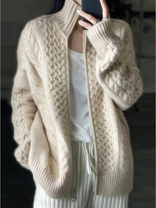 Women's Cardigan Sweater Jumper Cable Knit Cropped Zipper Solid Color Open Front Stylish Casual Daily Winter Fall Beige MS2311516025S Beige / S