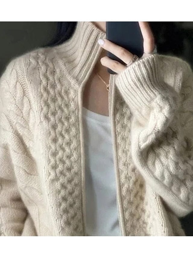 Women's Cardigan Sweater Jumper Cable Knit Cropped Zipper Solid Color Open Front Stylish Casual Daily Winter Fall Beige