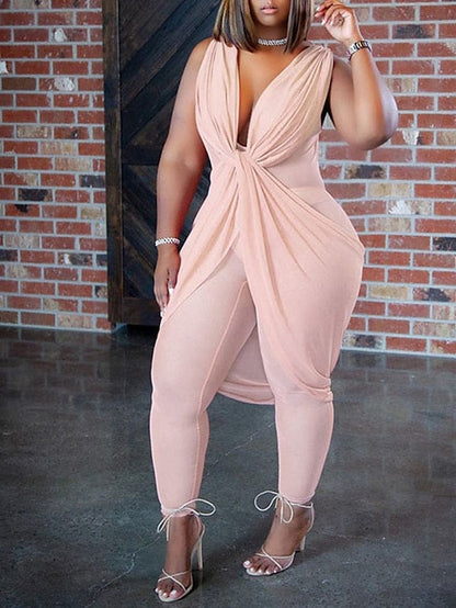 Women's Jumpsuit High Waist Solid Color V Neck Streetwear Street Holiday Regular Fit Sleeveless Black White Yellow L MS2311540348S Pink / S