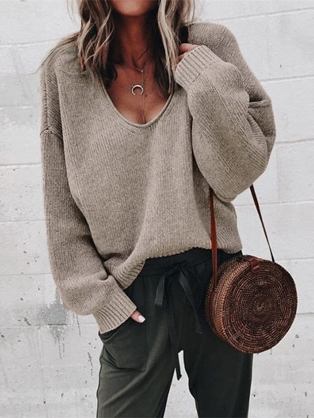 Women's Pullover Sweater Jumper Knitted Solid Color Stylish Basic Casual Long Sleeve Regular Fit Sweater Cardigans V MS2311534241S Khaki / S