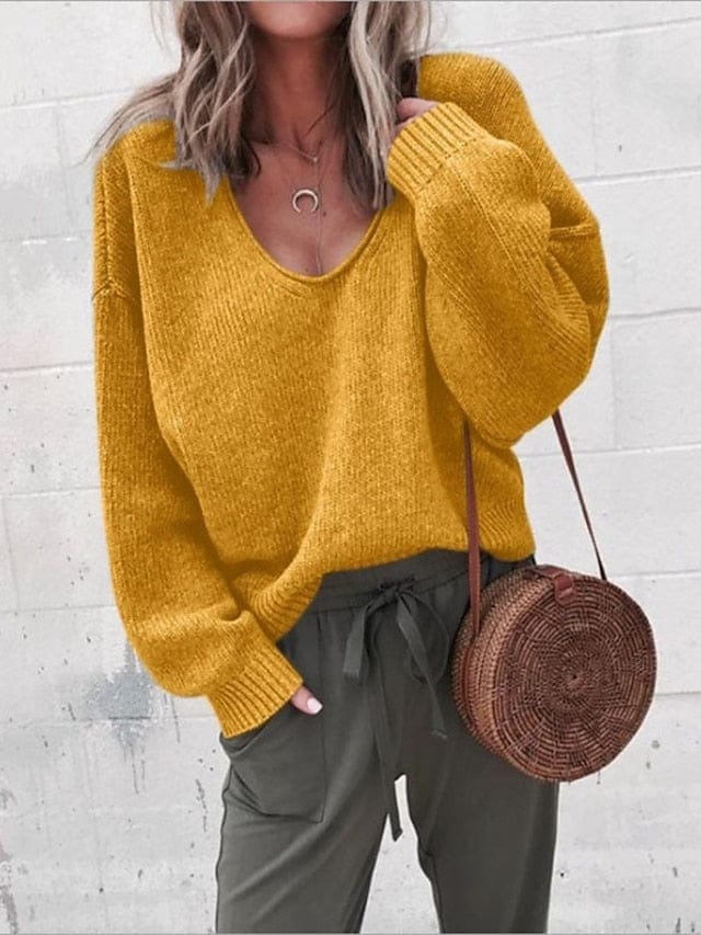 Women's Pullover Sweater Jumper Knitted Solid Color Stylish Basic Casual Long Sleeve Regular Fit Sweater Cardigans V MS2311534251S Yellow / S