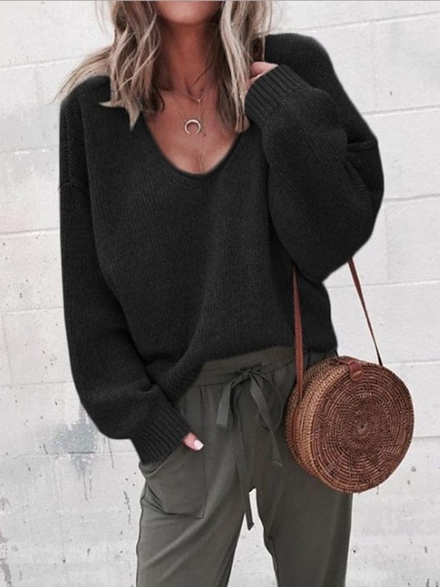 Women's Pullover Sweater Jumper Knitted Solid Color Stylish Basic Casual Long Sleeve Regular Fit Sweater Cardigans V MS2311534261S Black / S