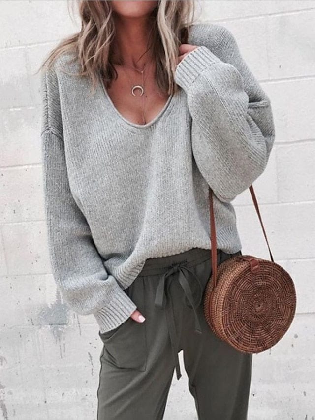 Women's Pullover Sweater Jumper Knitted Solid Color Stylish Basic Casual Long Sleeve Regular Fit Sweater Cardigans V