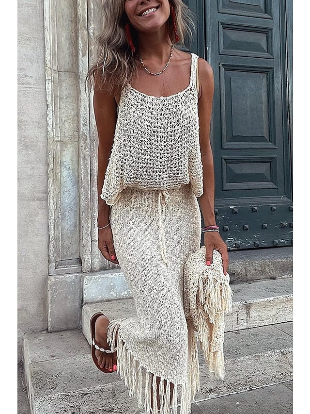 Women's Sweater Set Jumper Crochet Knit Tassel Hole Solid Color Strap Stylish Casual Daily Holiday Fall Spring Khaki MS2311530246S Beige / S