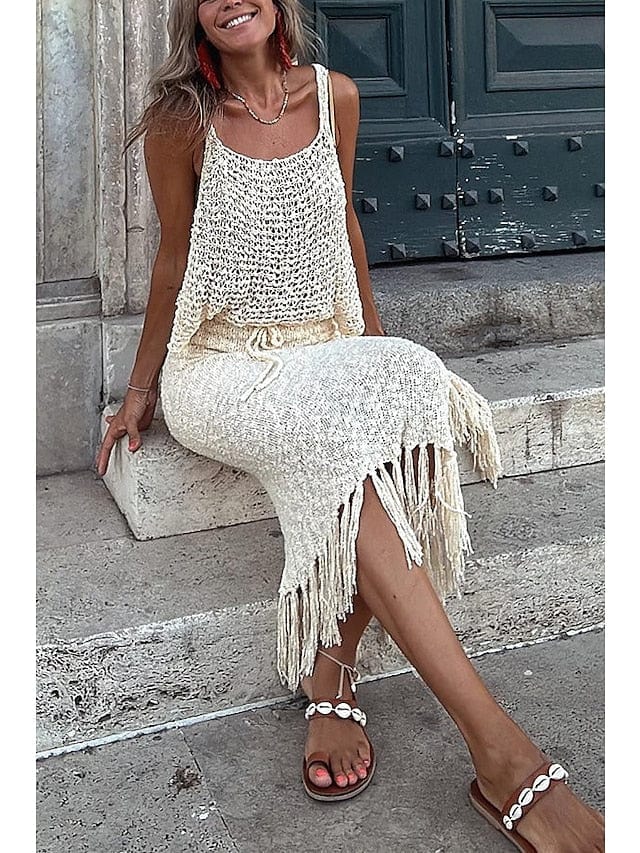 Women's Sweater Set Jumper Crochet Knit Tassel Hole Solid Color Strap Stylish Casual Daily Holiday Fall Spring Khaki