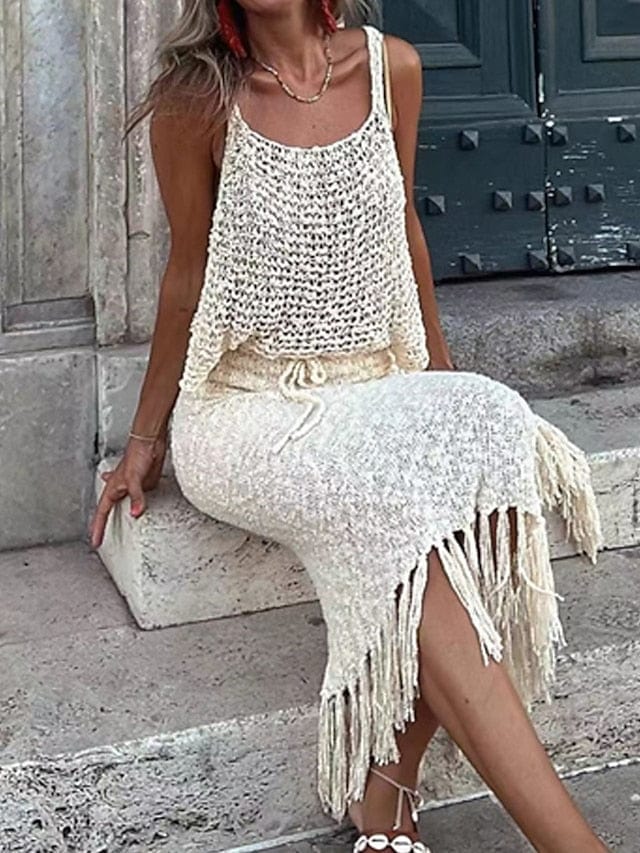 Women's Sweater Set Jumper Crochet Knit Tassel Hole Solid Color Strap Stylish Casual Daily Holiday Fall Spring Khaki