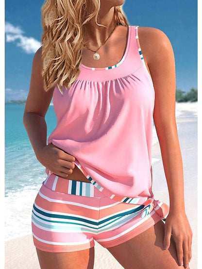 Women's Swimwear Tankini 2 Piece Normal Swimsuit 2 Piece Striped Pink Bathing Suits Sports Beach Wear Summer MS2311530575S Pink / S
