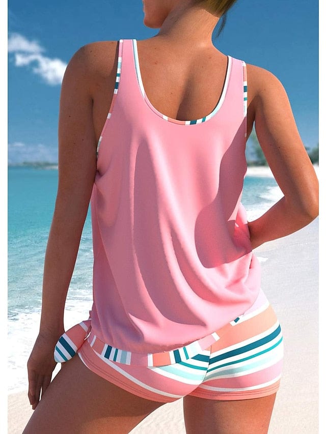 Women's Swimwear Tankini 2 Piece Normal Swimsuit 2 Piece Striped Pink Bathing Suits Sports Beach Wear Summer