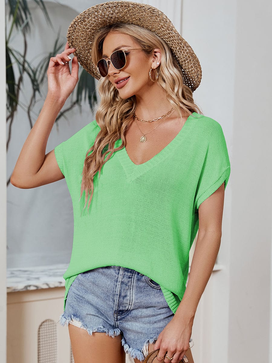 Women's V Neck Dolman Sweater, Short Sleeve Tunic Pullover Top, Lightweight Knit Sweater Blouse TSH2303130075GRES Green / 2 (S)