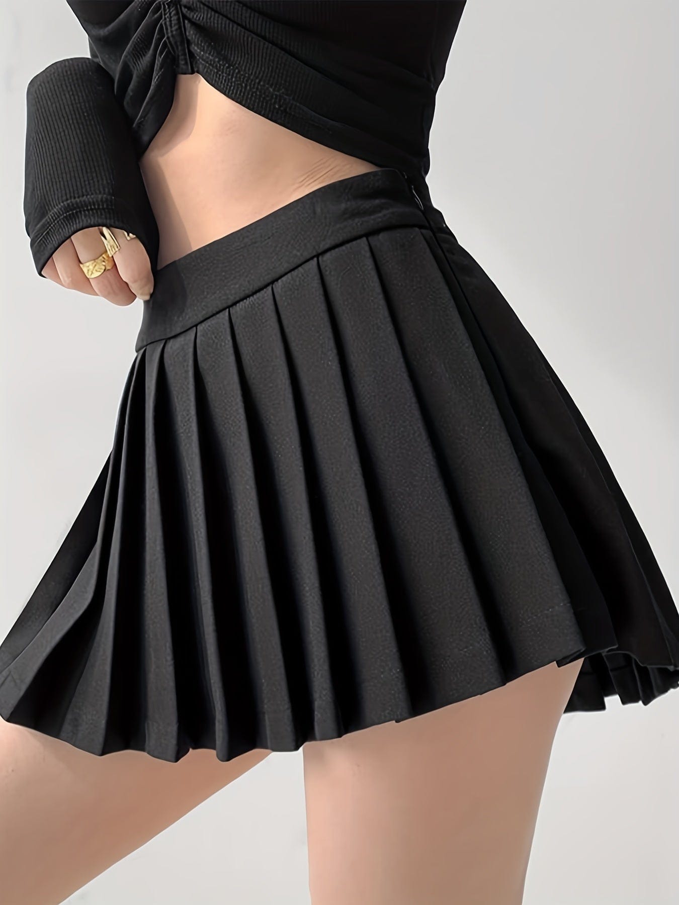 Y2K Style Solid Pleated Mid Waist Mini Dress DRE231012136BLAXS(2) Black / XS(2)