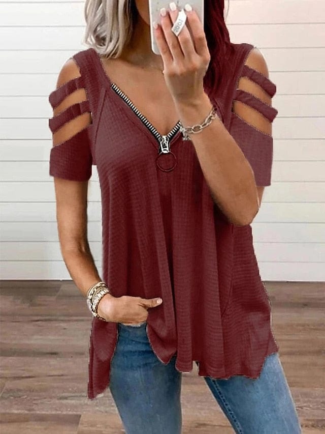 Women's Blouse Zipper Cut Out Plaid Basic V Neck Summer Wine Red Black White Pink Green MS2311501702S Wine Red / S