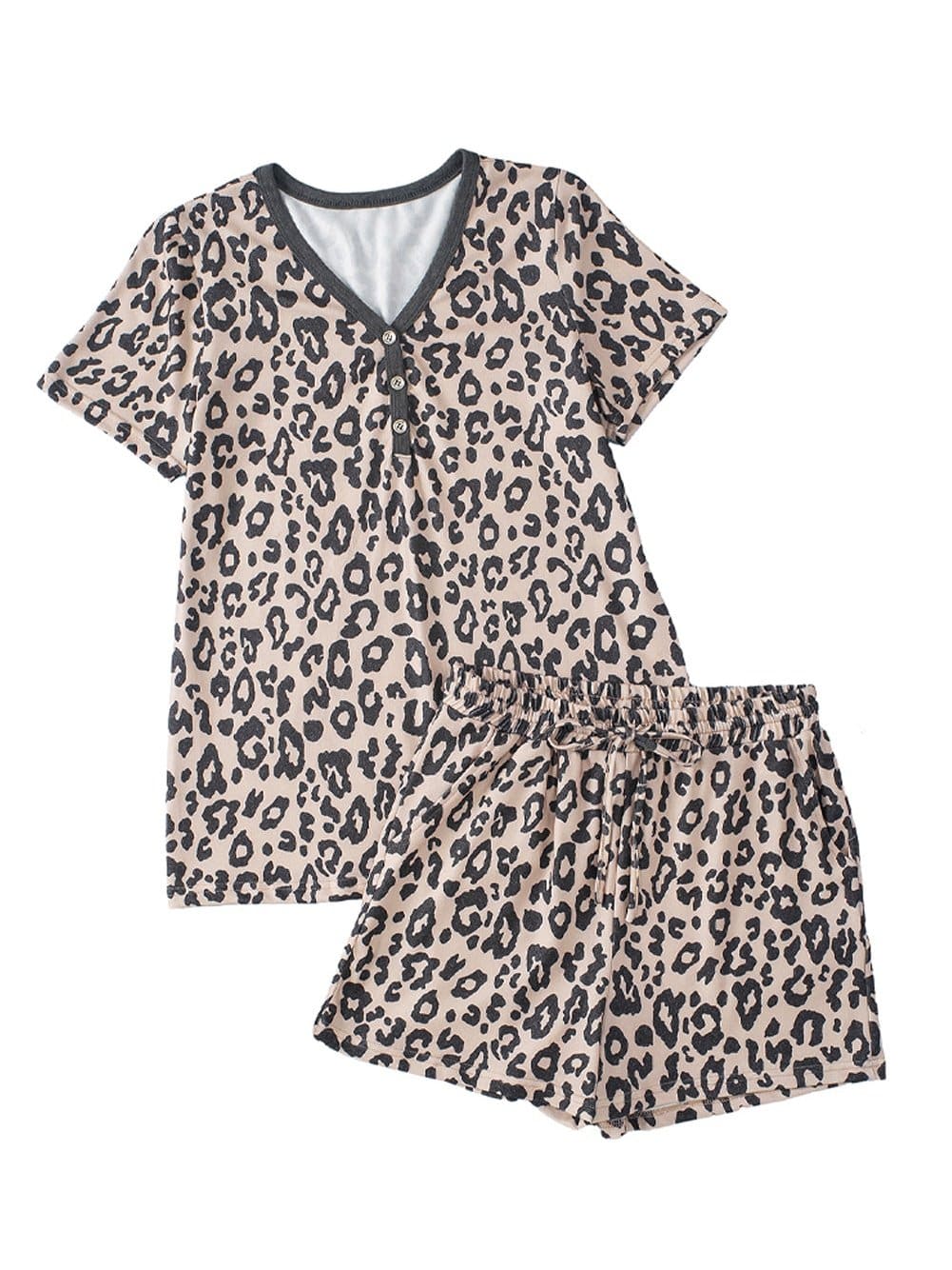 Multicolour Leopard Print V Neck Tee and Drawstring Shorts Set