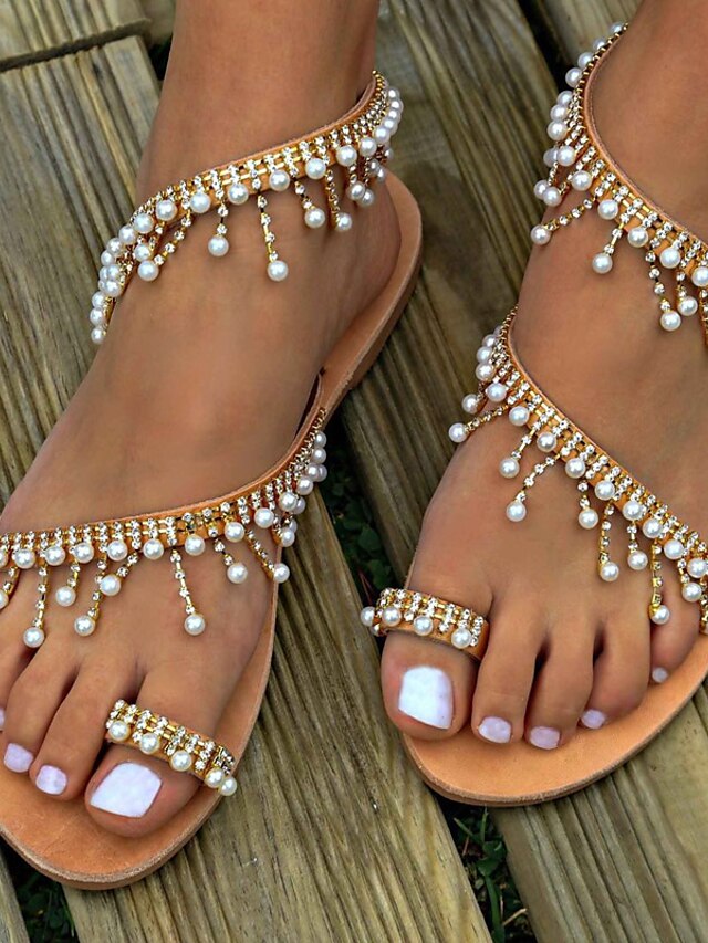 Women's Sandals Boho Bohemia Beach Plus Size Wedding Party Outdoor Summer Imitation Pearl Flat Heel Open Toe Cute Elegant Casual Faux Leather Loafer Brown - LuckyFash™