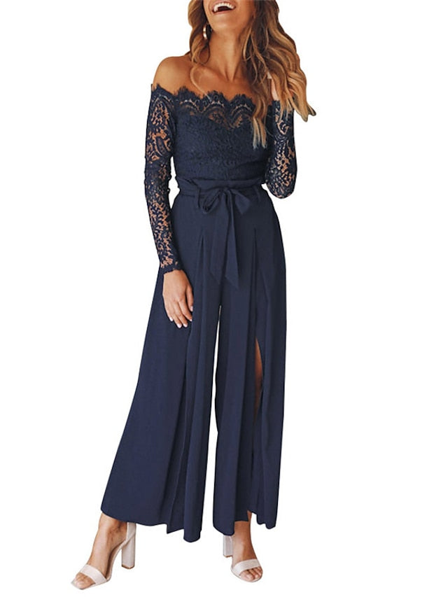 Women's Jumpsuit Lace Backless Solid Color Off Shoulder Streetwear Going out Bar Regular Fit Long Sleeve Navy Blue S M L Winter - LuckyFash™