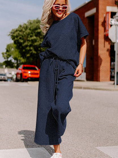 Navy Blue Ribbed Loose Fit Two-Piece Pant Set with Drawstring Waist