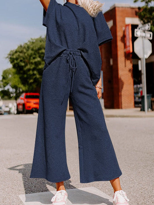 Navy Blue Ribbed Loose Fit Two-Piece Pant Set with Drawstring Waist