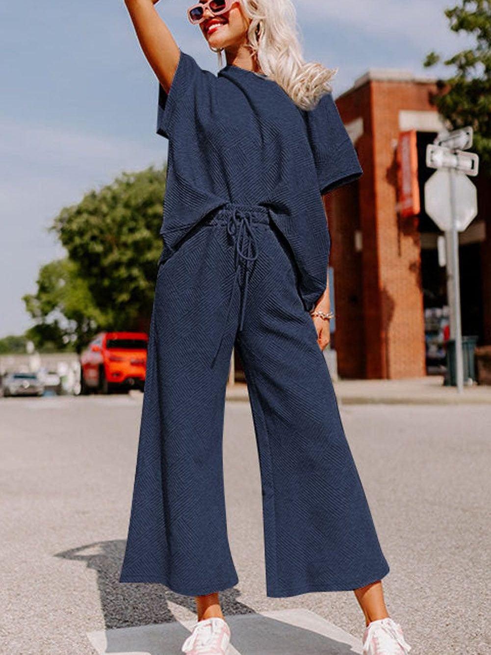 Navy Blue Ribbed Loose Fit Two-Piece Pant Set with Drawstring Waist